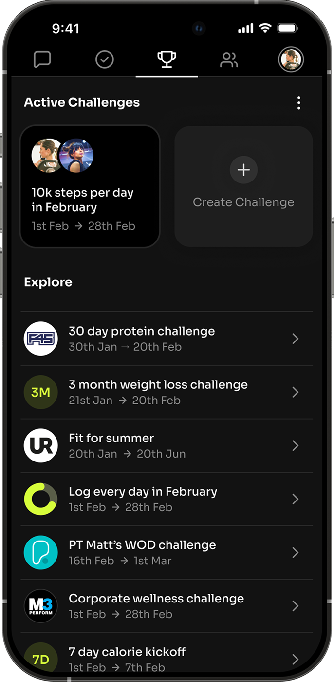 Active gym challenges shown on a mobile phone